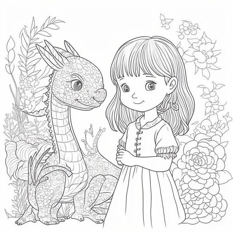 Fantasy Coloring Book Adults Kids, Instant Download, Grayscale Coloring