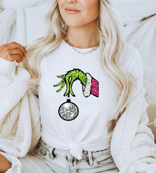 Faux Sequin and Glitter Grinch Hand Christmas Transfer, Grinch Hand HTV