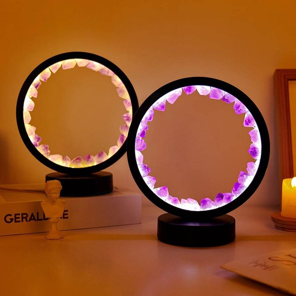 Natural Amethyst Clear Quartz Citrine Cluster Night Lamp Bedroom Desk Lamp Circle Lights LED Rechargeable