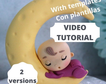 Fondant Baby on the moon cake topper for baby shower video tutorial with templates - Fondant teddy bear on the moon cake topper video
