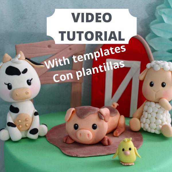 Fondant Animal Farm Cake Topper Step by Step Video tutorial + templates - Fondant pig - Fondant Cow - Fondant sheep - Fondant barn