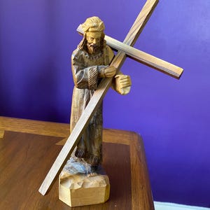 Vintage Jesus Carrying the Cross, carved olive wood - Holy Land - Spiritual