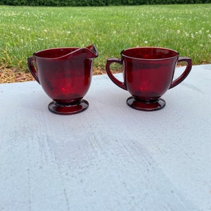 Vintage Ruby Red Glass Creamer & Sugar Bowl