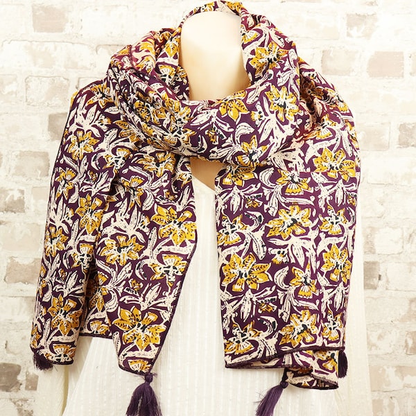 Foulard en coton violet à fleurs style bohème