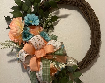 Spring Floral Grapevine Wreath, Door Hanger, Gift