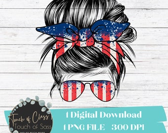 Red White Blue Stripes and Flag Messy Bun Top Knot Handband Sublimation Design Download PNG File