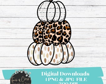 Pumpkin Stack PNG, Clipart pour l’automne, Thanksgiving, Citrouille Doodle dessinée à la main, Trio, Chic Leopard, Print Sublimation Design Télécharger le fichier PNG