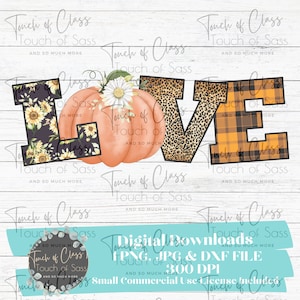 Love Fall Themed Pumpkin Leopard Plaid and Sunflower PNG Sublimation Digital Design Download