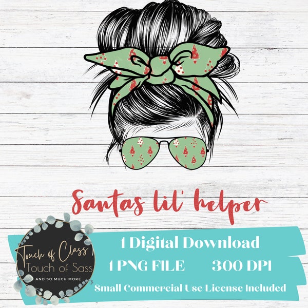 Mint Green Presents Santa's Little Helper Messy Bun Top Knot - Digital Download for PNG Sublimation
