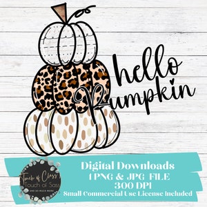 Hello Kürbis PNG, Clipart für Herbst, Thanksgiving, Handgezeichneter Doodle Kürbis, Trio, Chic Leopard, Print Sublimation Design Download PNG Datei