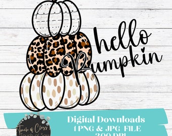 Bonjour Citrouille PNG, Clipart pour l’automne, Thanksgiving, Citrouille Doodle dessinée à la main, Trio, Chic Leopard, Print Sublimation Design Télécharger le fichier PNG