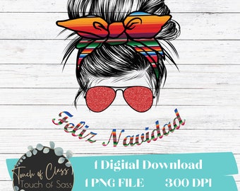 Feliz Navidad Red Holiday Christmas Messy Bun Hair Lunettes de soleil Bandeau PNG Sublimation Design Télécharger