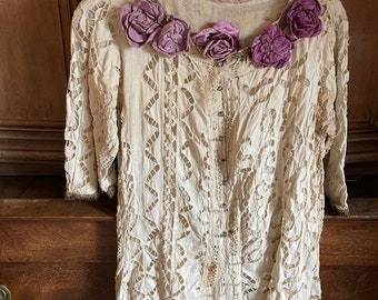 French antique appliqué cotton lace top