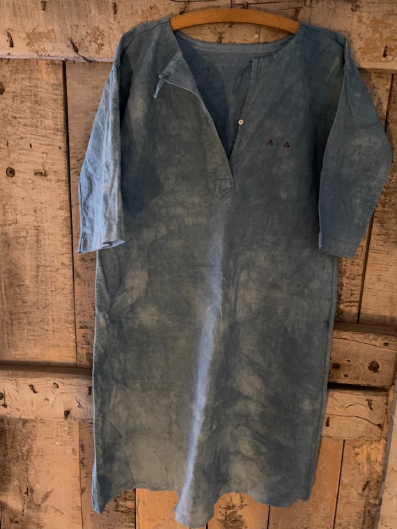 French antique chore dress indigo linen - image 2