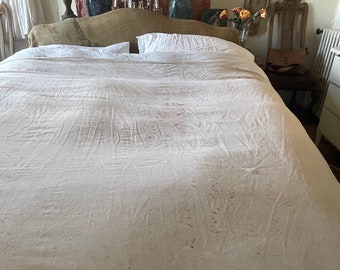 Couvre-lit vintage français en coton/lin, grandeur fanée