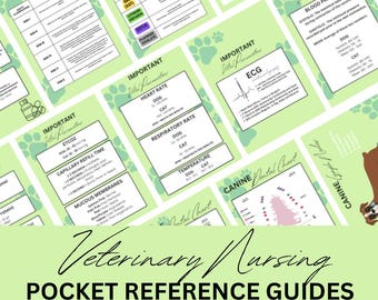May include: A collection of green and white veterinary nursing pocket reference guides. The guides feature important vital parameters, including heart rate, respiratory rate, and temperature for dogs and cats. The guides also include a canine dental chart and other medical information.