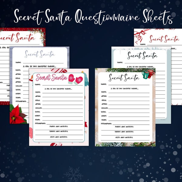 Secret Santa Questionnaire Sheet, secret Santa gift exchange, question survey sheets for secret santa, work gift exchange, family Christmas