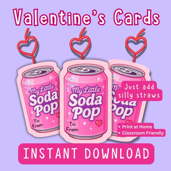 Printable Valentine's Cards for Kids, Cards for Silly Straws, Digital Download, Classroom Valentine's Exchange, Kpop Demon Hunters, soda pop