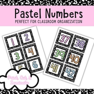 May include: Two sets of pastel number cards, each with six numbers in a grid. The numbers are in various pastel colors, outlined in black, and set against a white background. The text "Pastel Numbers" and "Print, Cut, & Laminate" are also visible.