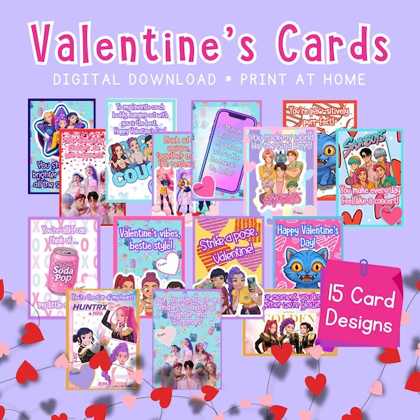 Printable Valentine's Day Cards for Kids - 15 Cute & Colorful Designs - Digital Download, Classroom Valentine's Exchange, Kpop Demon Hunters