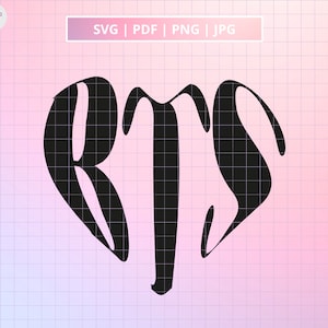 Op de afbeelding: Zwart-wit monogram ontwerp van de letters "RTS" in een hartvorm.