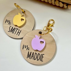 Personalized Teacher Keychain: Baltic Birch Wood & Acrylic Apple
