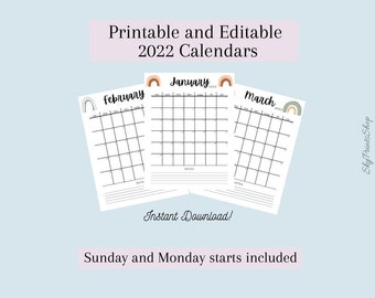 2022 Calendar, Printable and Editable, Minimalist Rainbow Design with Neutral Theme, Sunday and Monday Starts