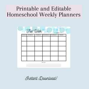 Homeschool Weekplanner, afdrukbaar en bewerkbaar, blauwe en groene vormontwerpen, 5 onderwerpen