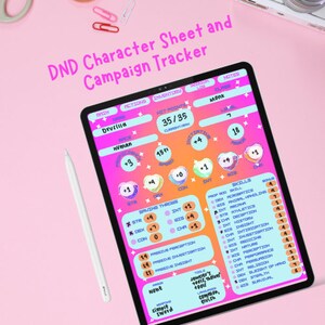 May include: A digital DND character sheet and campaign tracker on a tablet. The screen displays a character sheet with stats, skills, and notes. The text "DND Character Sheet and Campaign Tracker" is at the top. A white stylus and pink accessories are nearby.