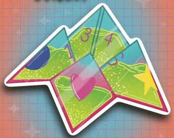 May include: A green and blue fortune teller sticker with glitter and a pink heart. The sticker is shaped like a folded paper fortune teller with numbers 1, 3, and 4 visible.