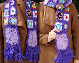 Granny Square Purple Scarf, Crochet Child Scarf, Purple Scarf, Retro Scarf, Long Winter Scarf, Knit Long Scarf, Retro Scarf, Knit Muffler