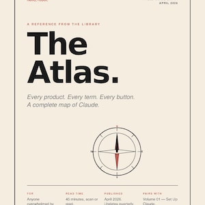 Op de afbeelding: Een crèmekleurige boekomslag met de titel "The Atlas" in grote, vette zwarte letters. De omslag bevat een kompasafbeelding en de tekst "A Field Guide Extra, April 2026". Extra tekst beschrijft de inhoud en de doelgroep van het boek.