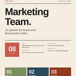 May include: A beige graphic with the title "Marketing Team" in large black letters. The image includes the text "12 systems for brand work that actually scales." Additional text describes the volume, read time, and publication details.