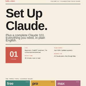 以下が含まれることがあります： 「Set Up Claude」と題されたプロモーションフライヤー。テキストは「Plus a complete Claude 101. Everything you need, in plain English.」です。フライヤーには、レベルや機能など、Claude AIプラットフォームの詳細が含まれています。