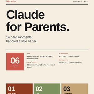 May include: A magazine cover with the title "Claude for Parents" in large, bold black letters. The cover includes the text "14 hard moments, handled a little better." and details about the volume, topics, and publication information.