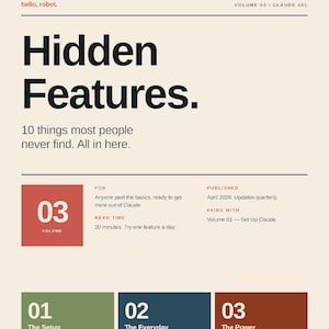 May include: A magazine layout with the title "Hidden Features" in bold black text. The design includes coloured blocks with text describing features and a publication date of April 2026. The magazine is titled "Volume 03 / Claude 101".