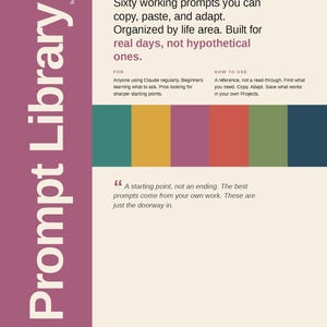 May include: A book cover with the title "Prompt Library" in large white letters on a purple background. The cover includes text about prompts, organized by life area, and a colour palette. The text reads "Sixty working prompts you can copy, paste, and adapt."
