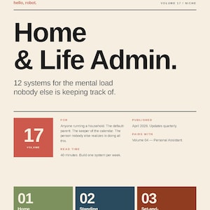 May include: A beige graphic with the title "Home & Life Admin." and the tagline "12 systems for the mental load nobody else is keeping track of." It features sections for "Volume 17," "Home Rhythms," "Standing Systems," and "Set-and-Forget."