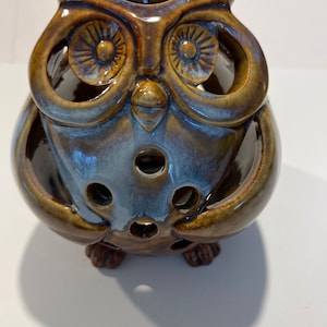 Vintage MCM Owl Drip Glazed Pottery Candle owl vintage Holder Ceramic Luminary Tealight Blue Brown