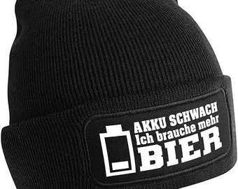 Beanie Akku schwach - Ich Brauche mehr Bier Mütze Unisex Strickmütze Wintermütze Farbauswahl weiche Skimütze Kopfbedeckung für Après-Ski