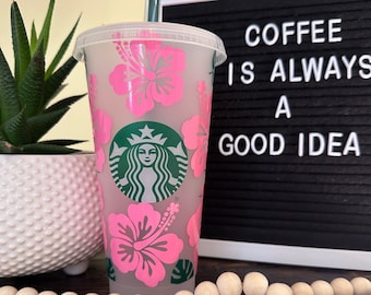 Vaso frío Starbucks con diseño de hibisco y monstera: vaso tropical personalizado