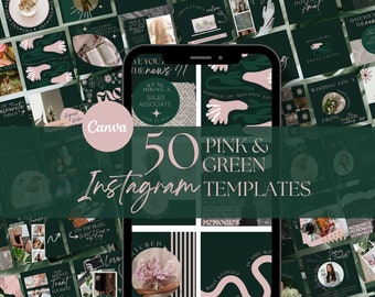 50 Pink & Green Instagram Post Templates - Engagement - Post Templates - Canva Template - Quotes - Pink Feed - Aesthetic