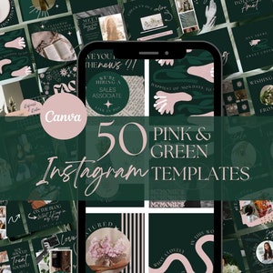 50 Pink & Green Instagram Post Templates - Engagement - Post Templates - Canva Template - Quotes - Pink Feed - Aesthetic