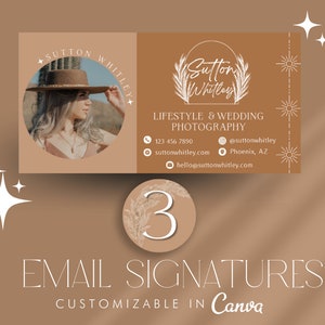 以下が含まれることがあります： 茶色と白のビジネスカードで、茶色の帽子と白いシャツを着た女性の画像が載っています。カードのテキストは「サットン・ホイットリー、ライフスタイル＆ウェディングフォトグラフィー、123 456 7890、suttonwhitley.com、フェニックス、アリゾナ州、hello@suttonwhitley.com」です。