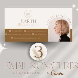 以下が含まれることがあります： 茶色と白のビジネスカードに「EARTH & enchantment」の文字と手書きのロゴが書かれている。カードには、CEOのシルヴィー・ルイスの連絡先も記載されている。「EMAIL SIGNATURES CUSTOMIZABLE IN Canva」というテキストがビジネスカードの下に表示されている。