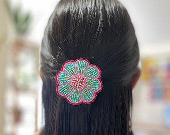 Beaded Flower Hair Barrette Clip Boho Mexican Hair Accessory Chaquira Beads Gift Women Teens Girls