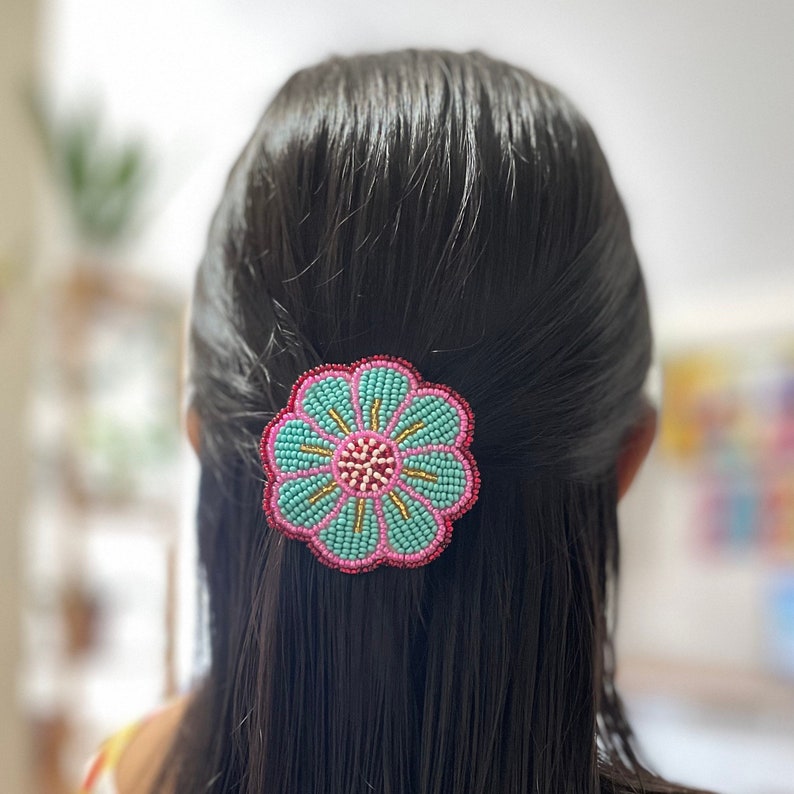 Beaded Flower Hair Barrette Clip Boho Mexican Hair Accessory Chaquira Beads Gift Women Teens Girls image 1