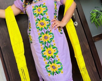 Mexican Embroidered Dress Sunflowers Fiesta Lace Knee Length Gold Multicolor Women Teens
