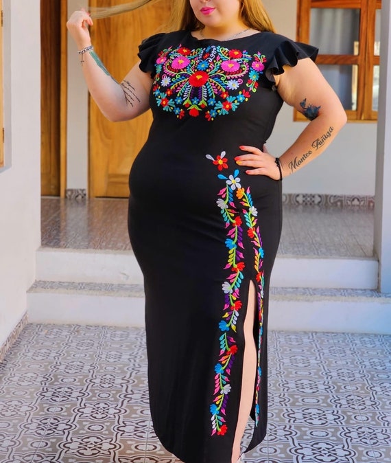 Mexican Thigh Slit Stretch Embroidered Dress Long Ankle Dress Open Leg