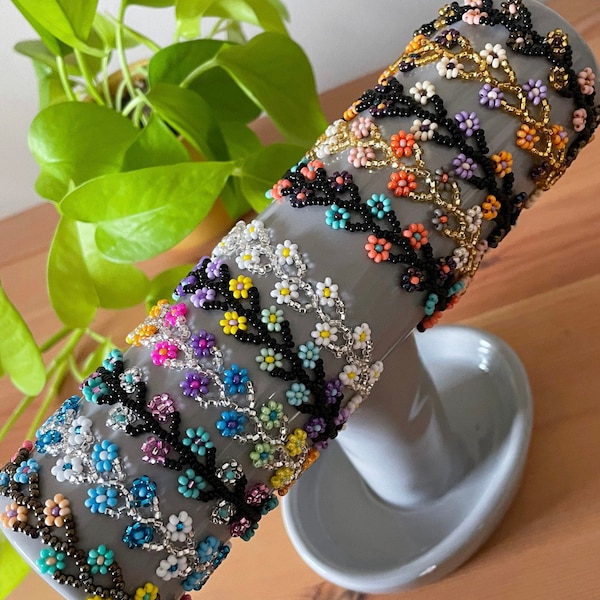 Daisy Beaded Flower SILVER** Boho Mexican Bracelet Dainty Women Teens Girls Handmade Gift